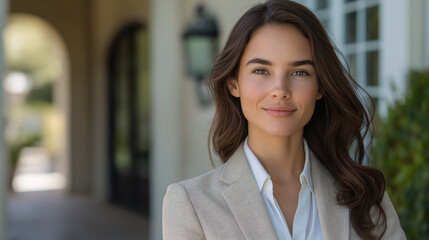 Professional outdoor portrait of a confident real estate agent in residential area