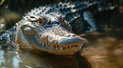Obraz premium Crocodile resting in calm waters of mangrove habitat showcasing its rugged texture and sharp teeth in natural setting.