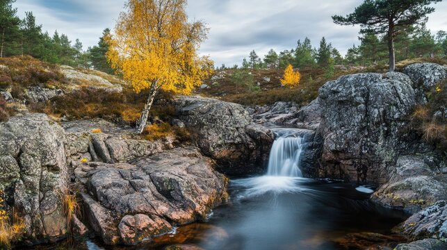 Serene water stream cascading through rocky terrain with lush greenery and autumn foliage in a tranquil forest setting