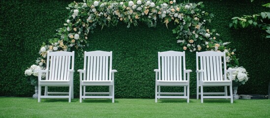 Vacant white wooden chairs under a floral arch on green grass creating a picturesque outdoor event space for celebrations