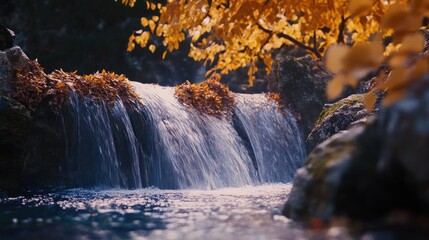 Serene autumn waterfall surrounded by vibrant foliage and tranquil waters reflecting the beauty of nature's seasonal change