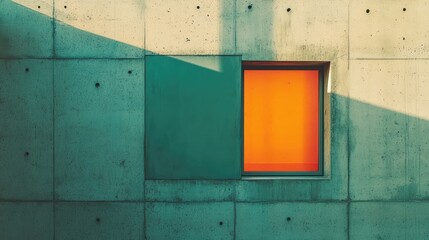 Colorful window framed in raw concrete wall with contrasting hues and geometric shapes highlighting modern architectural design.