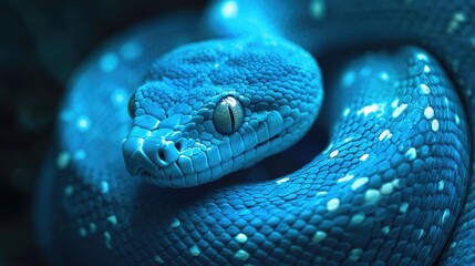 Captivating close-up of a vibrant blue snake showcasing intricate textures and details in its scales, highlighting nature's beauty in wildlife.