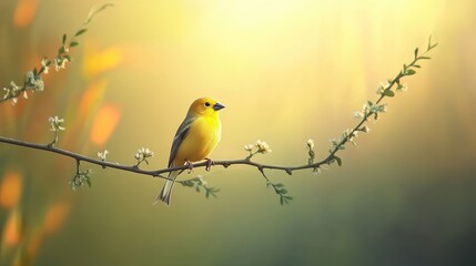 Fototapeta premium Vibrant goldfinch perched gracefully on a twig amidst a softly blurred nature background showcasing warm hues and delicate flowers.