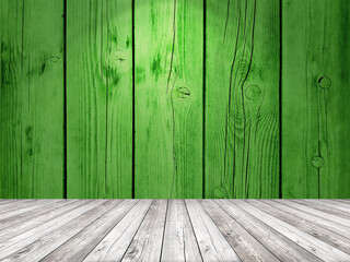 Green wooden wall and floor in empty room