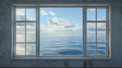 Serene coastal view through a vintage window frame overlooking calm blue sea and fluffy clouds on a bright sunny day