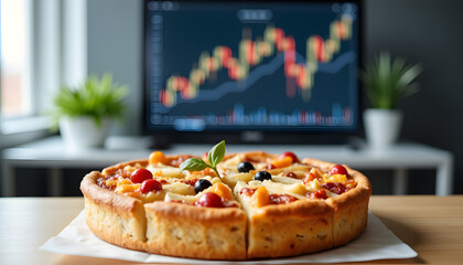 Creative pie chart made of fruits in business meeting room, data visualization