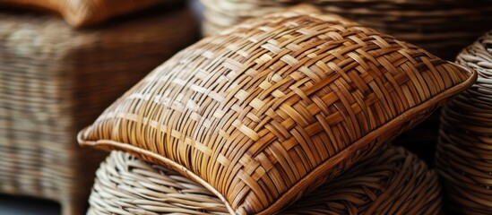 Handmade bamboo wicker cushion textured pillow decor for natural home interiors