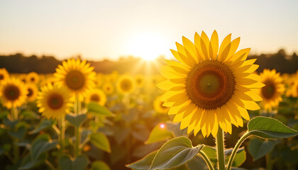 Obraz premium Sunflowers blooming under bright sun at sunset, vibrant nature