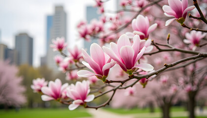 Obraz premium Magnolia flowers blooming in urban park setting, spring beauty