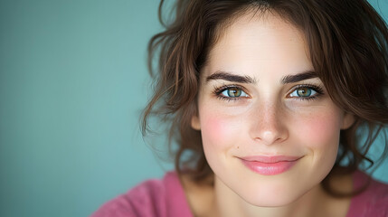 Naklejka premium Portrait of a beautiful woman with clear skin and captivating green eyes.