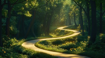 Serene winding road through a lush green forest illuminated by soft sunlight creating a peaceful and picturesque natural scene