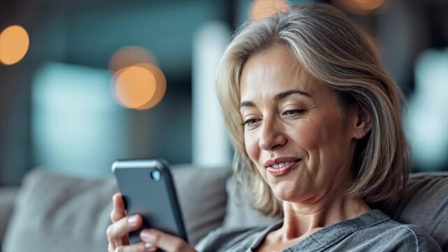 A middle-aged woman is sitting on the couch in her house, sending a text message on her phone. 02.