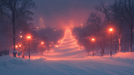 Winter Night with Snowfall and Glowing Streetlight