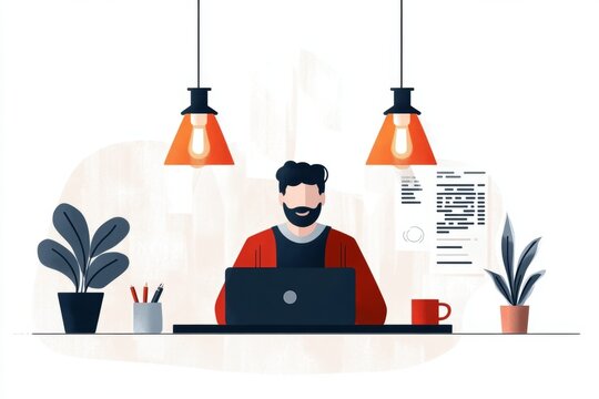 A flat 2D illustration of a programmer at their desk, with code and coffee, against a clean white background