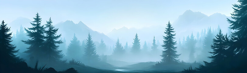 Quiet pine forest shrouded in morning mist with open visual space  -