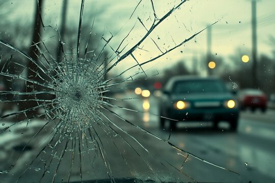 Cristal roto de un veh&iacute;culo en primer plano. Al fondo una carretera con coches
