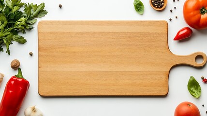 tabla de cortar plana de madera  con verduras e ingredientes con especias alrededor © Flux Imagery