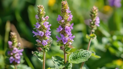 Fototapeta premium Close up of blooming wildflowers in a vibrant meadow showcasing purple petals and lush green foliage on a sunny day