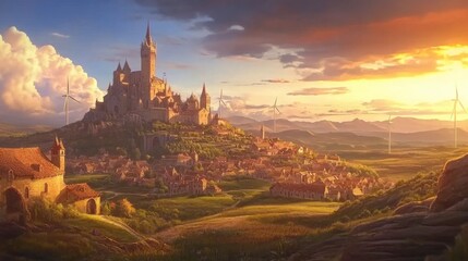 Tall Turbines Above a Rural Village at Sunset