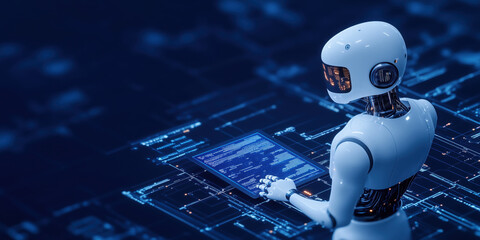 Autonomous robot interacting with digital interface and AI agent glowing pathways