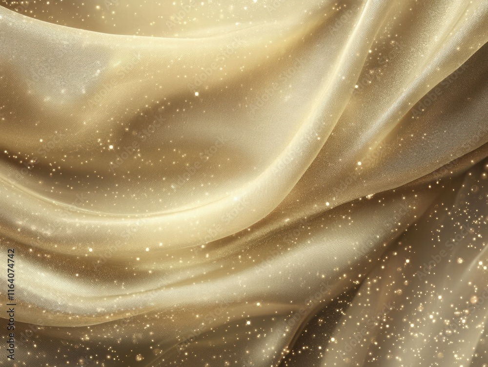 Poster A shimmering golden fabric with soft folds and sparkling particles.
