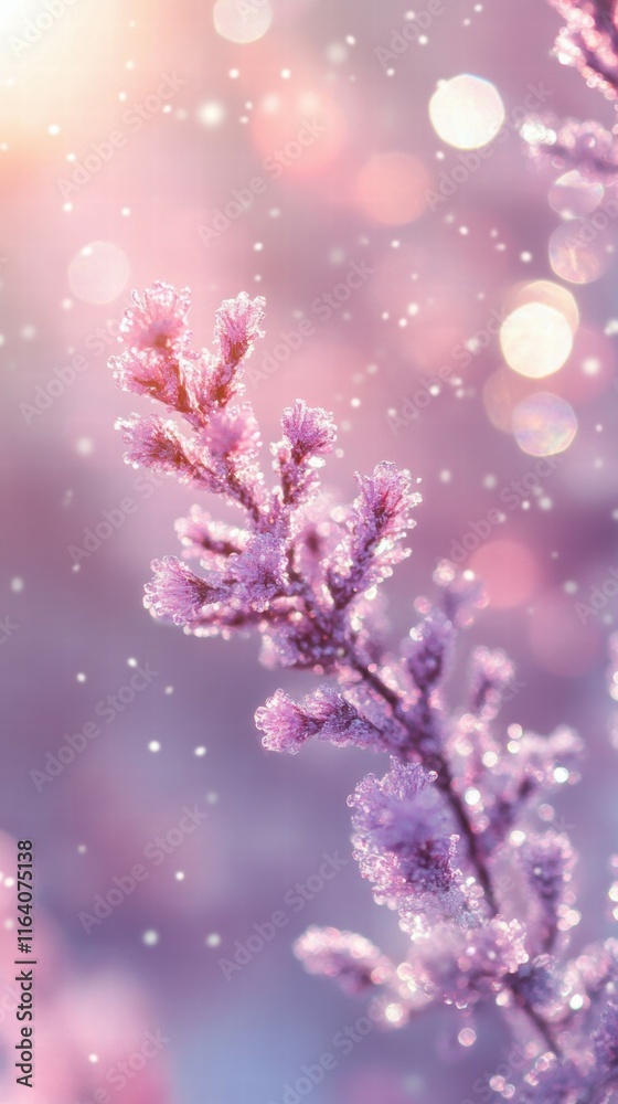 Poster a delicate frost-covered branch glistens in soft light, creating a serene winter atmosphere.