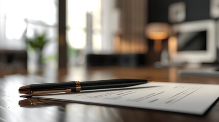 Elegant Black Pen Resting on a Document with Soft Natural Light Flowing Through a Modern Workspace Featuring a Stylish Desk and Contemporary Decor