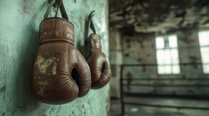 Vintage boxing gloves hanging in abandoned gym capturing nostalgia and history