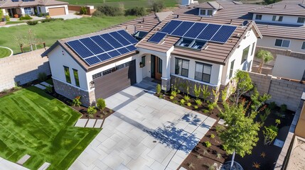 Modern Residential Home with Solar Panels and Lush Green Landscape in a Suburban Neighborhood Showcasing Eco-Friendly Living and Energy Efficiency Innovations