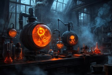 A gothic representation of a chemistry lab with dark, shadowy equipment and glowing IUPAC molecular diagrams