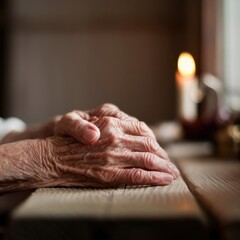 Fototapeta premium A Poignant Close-Up of an Elderly Person's Hands, With Visible Wrinkles and Veins, the Texture of the Skin Telling a Story, and Soft Yet Focused Lighting Creating a Timeless, Reflective Atmosphere