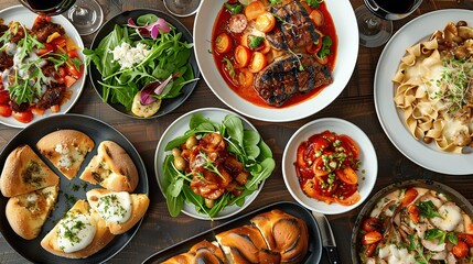 A Vibrant Collection of Gourmet Dishes Featuring Diverse Cuisines and Fresh Ingredients Perfect for Culinary Enthusiasts and Food Lovers in a Warm Dining Atmosphere