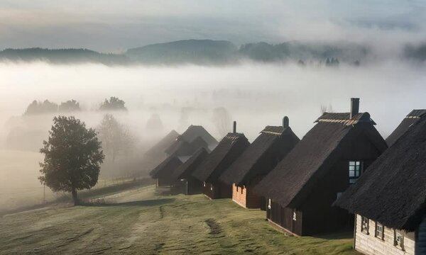 Misty Morning in the Village: Row of Thatched Houses in a Foggy Valley