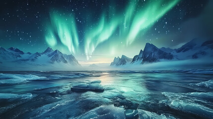 Naklejka premium Bright auroras glowing above an icy tundra bordered by shadowy mountain silhouettes. Wraithlike. Illustration