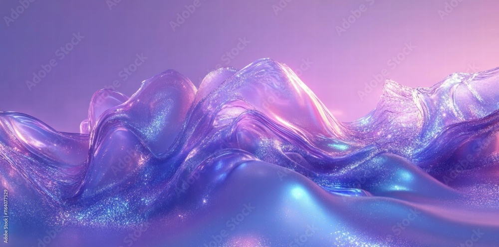 Poster Abstract, shimmering waves with a glossy, iridescent finish in a gradient background.