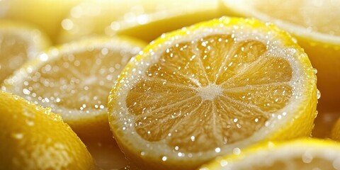 Close-up of fresh lemon slices glistening with droplets of water.