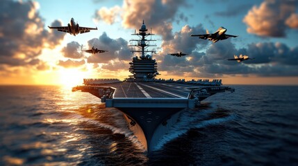 An impressive aircraft carrier sailing through the ocean with jets taking off into a vibrant sunset sky, representing power, technology, and military precision in harmony.