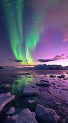 Naklejka premium aurora borealis over icy landscape wallpaper 