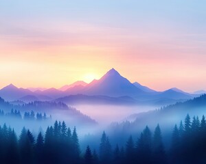 Obraz premium Pastel mountain sunrise with fog, peaceful pastel mountain view at dawn for emotional pastel mountain artwork and tranquil pastel mountain nature print