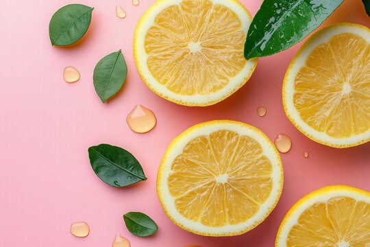 Fresh lemon slices with leaves and droplets on a pink background. - Powered by Adobe
