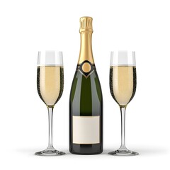 Bottle of champagne is next to two wine glasses