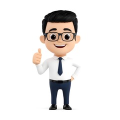 Cartoon man with glasses and a tie is giving a thumbs up