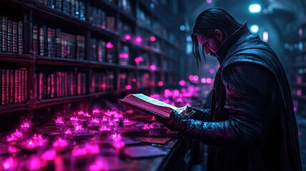 A captivating image of a mysterious figure immersed in reading amidst an enchanting library filled with glowing artifacts, embodying the pursuit of knowledge and magic.