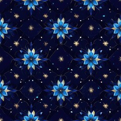 Chic and refined geometric floral design with intricate detailing, balanced with simple geometric lines in muted blue and teal tones, overlaying a dark background