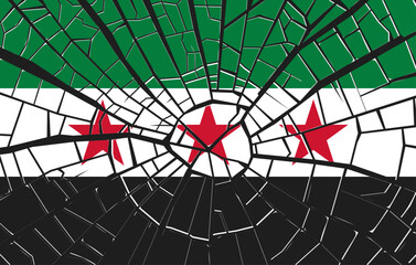 Vector new flag of Syrian Arab Republic broken, in cracks. Approved on December 8, 2024. Three stars and green white black tricolor. New Syria.