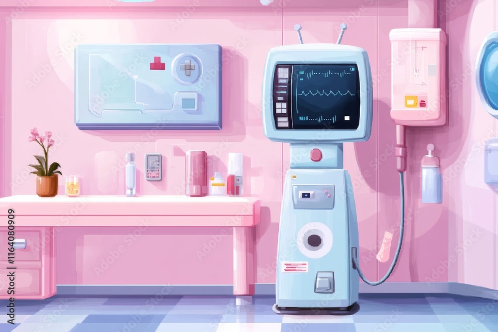 Aufkleber a pixel art depiction of an iv stand with a simple bag and tubing in a retro hospital setting