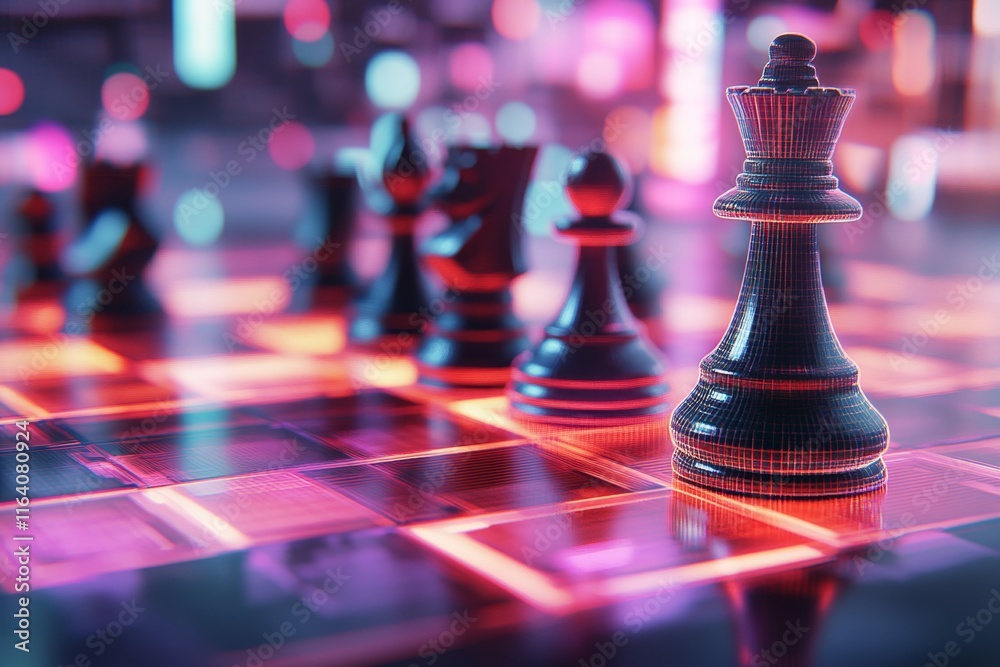 Poster A pixel art depiction of an ivory chessboard with animated pieces glowing softly in a retro style