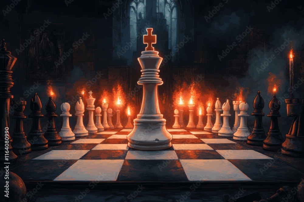 Poster A pixel art depiction of an ivory chessboard with animated pieces glowing softly in a retro style