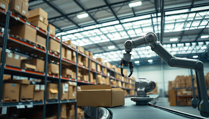 Fototapeta premium A large warehouse with rows of shelves and conveyor belts, with a robotic arm moving boxes along the conveyor, Robotic arms working on production line, created with generative ai